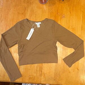 Capella Women’s Brown Ribbed Knit wrap Long Sleeve Stretch brown crop top Size L
